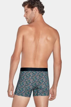 Boxer Vert Micro Imprime Fleurs En Coton Stretch