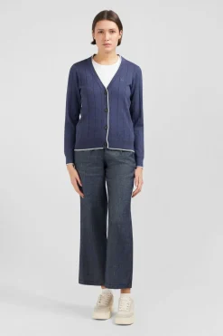 Cardigan Boutonne Bleu En Jeu De Maille