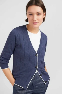 Cardigan Boutonne Bleu En Jeu De Maille