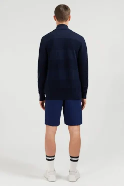 Cardigan Zippe Bleu Marine En Jeu De Maille
