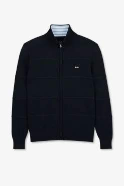 Cardigan Zippe Bleu Marine En Jeu De Maille
