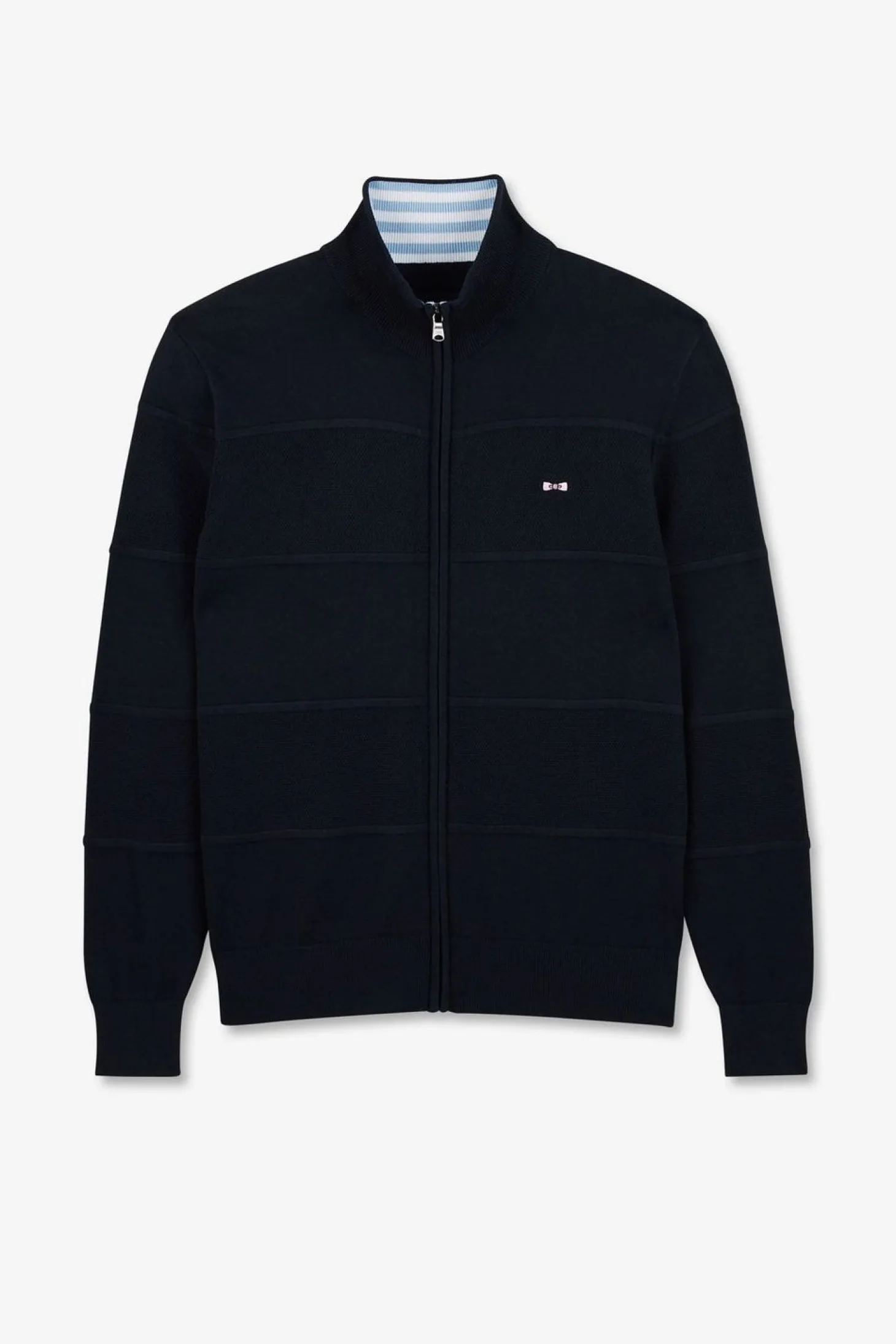 Cardigan Zippe Bleu Marine En Jeu De Maille