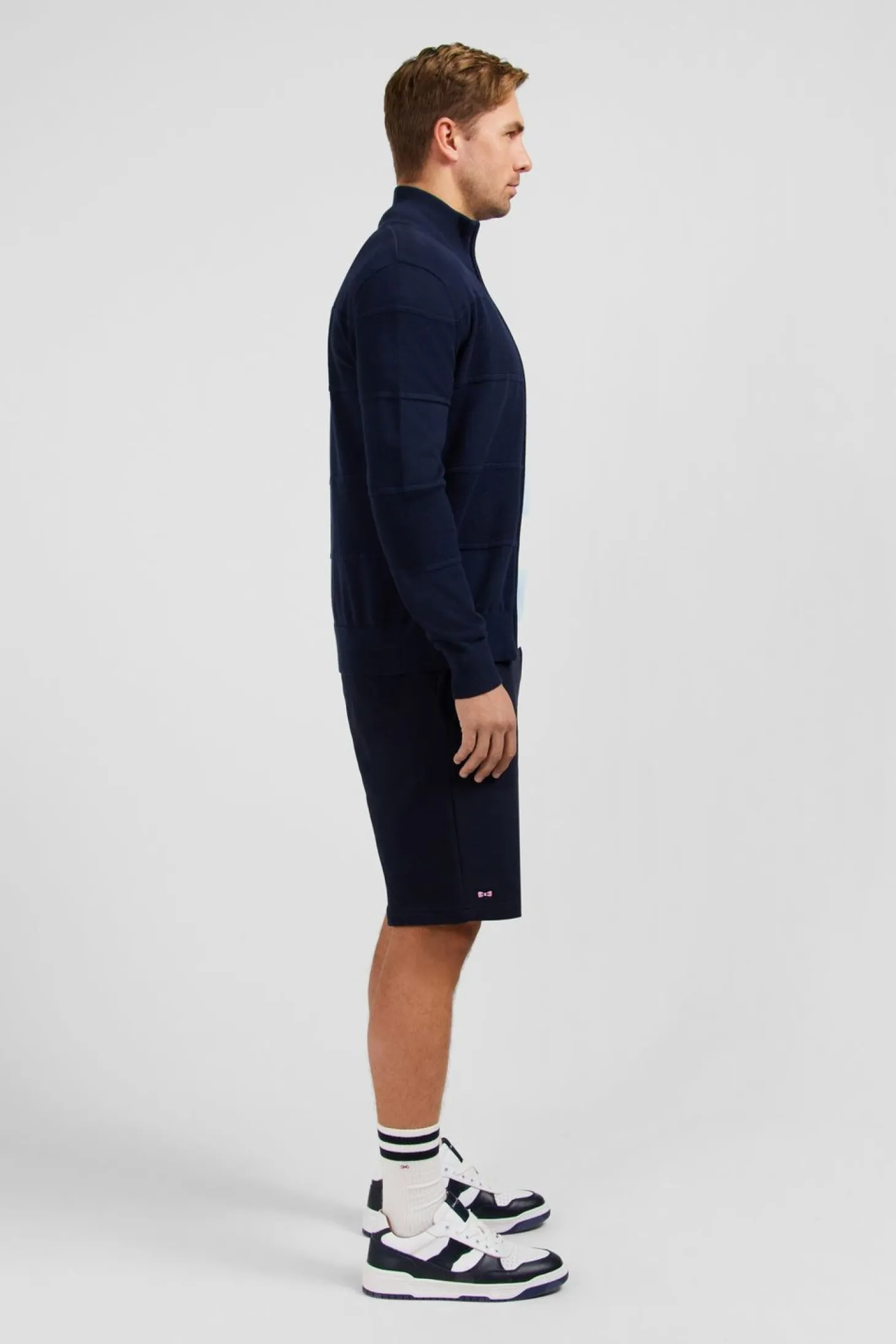 Cardigan Zippe Bleu Marine En Jeu De Maille