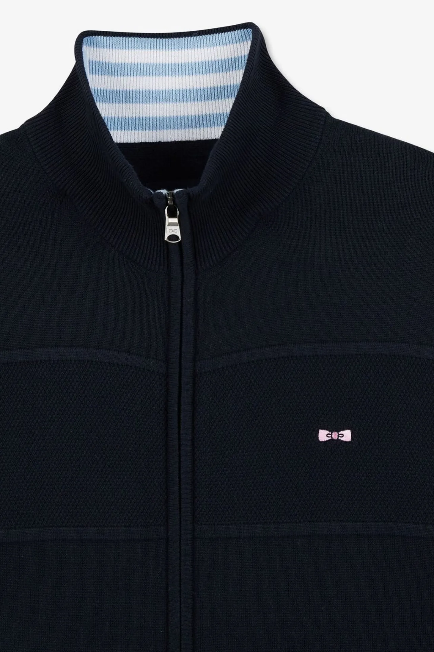 Cardigan Zippe Bleu Marine En Jeu De Maille
