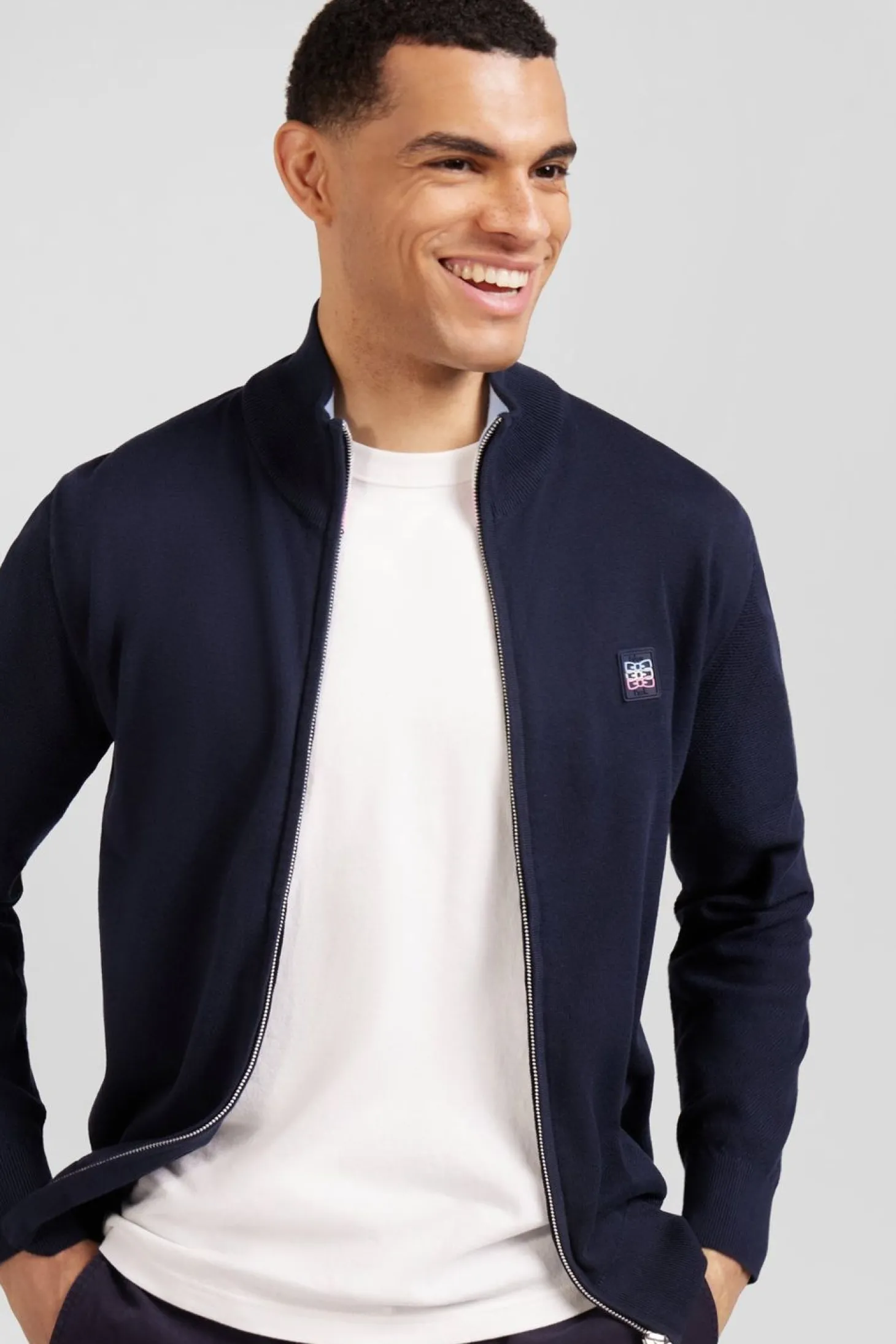 Cardigan Zippe Marine En Coton Embleme Tricolore