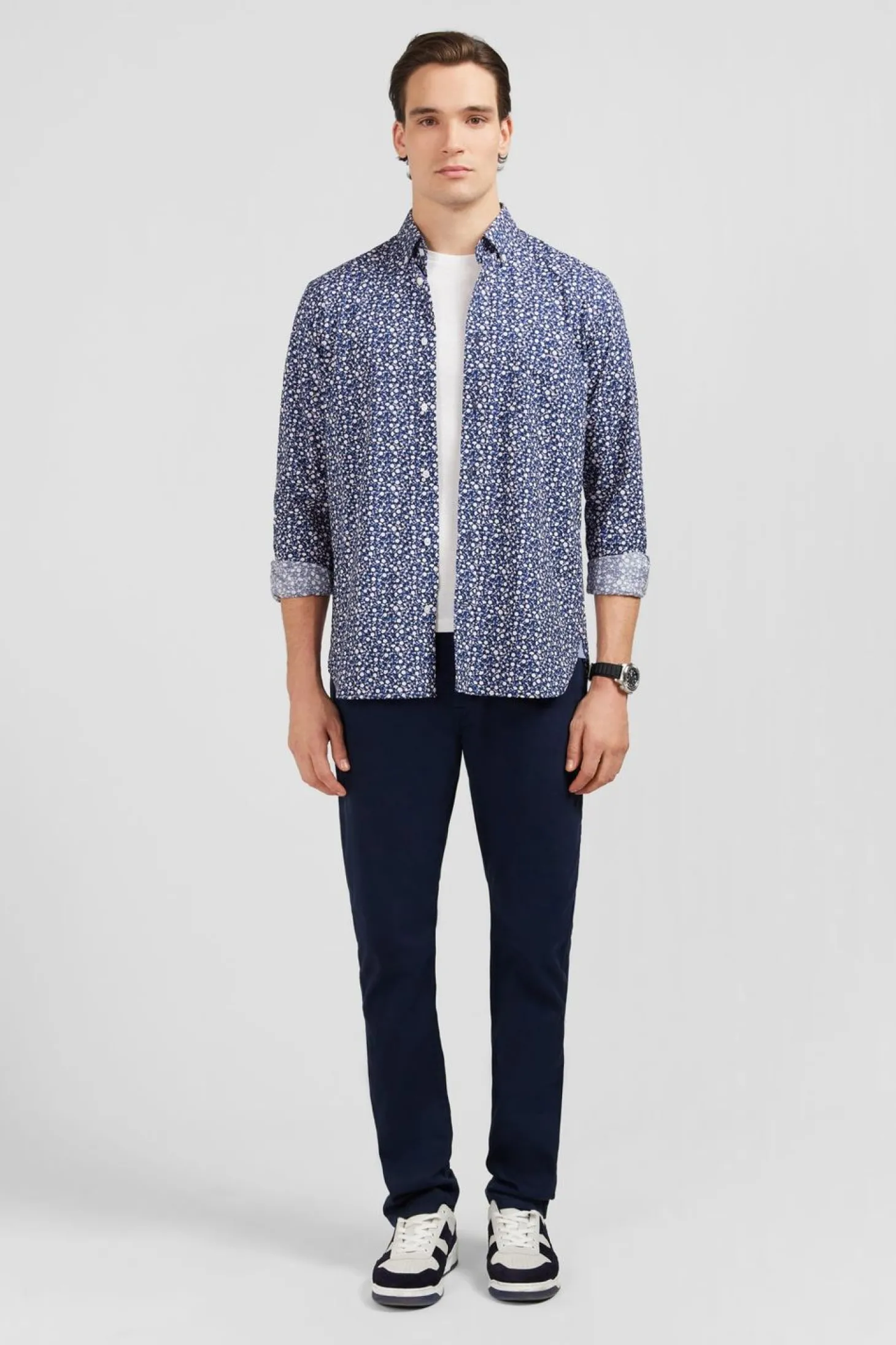 Chemise Bleu Marine A Micro Motif Fleuri