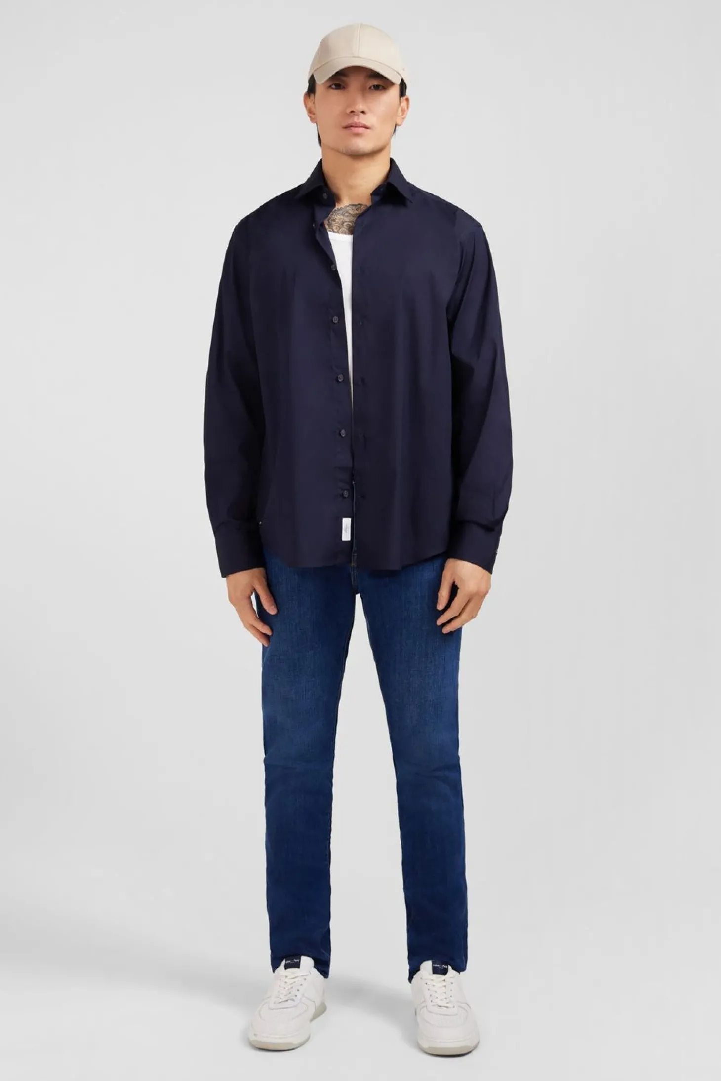 Chemise Bleu Marine Regular En Popeline Stretch