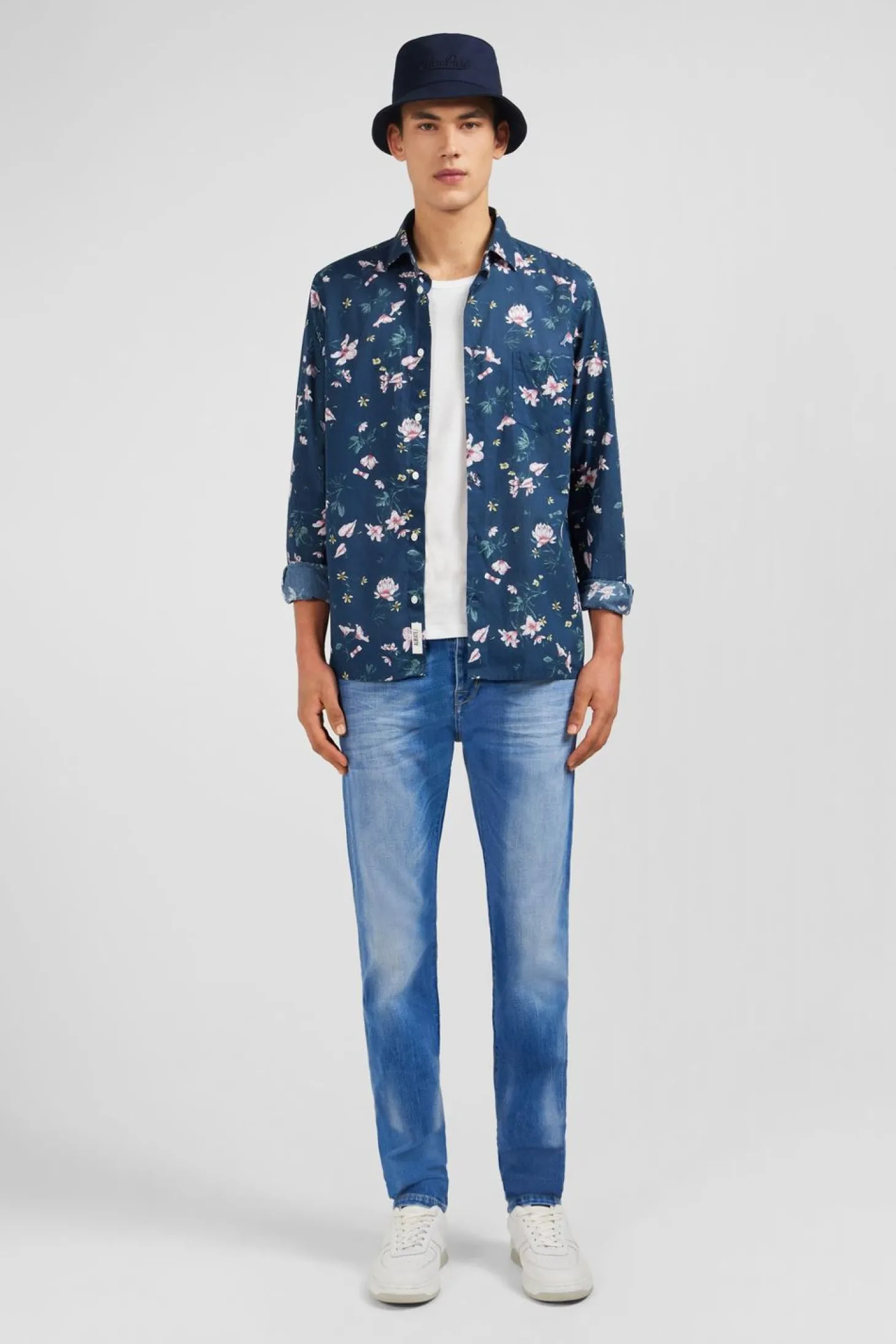 Chemise En Coton Bleu Fonce Imprimee Fleurs