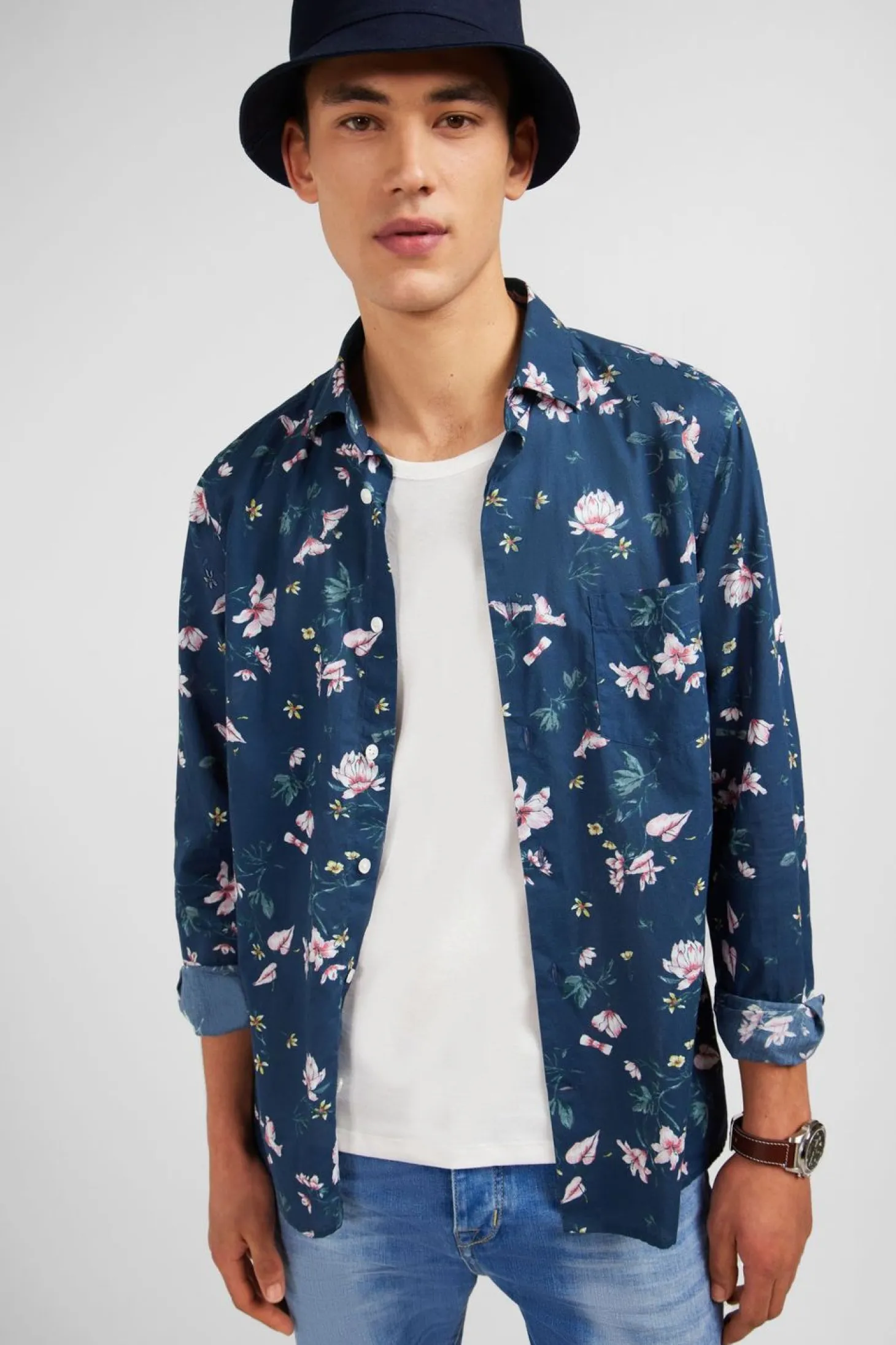 Chemise En Coton Bleu Fonce Imprimee Fleurs