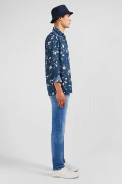 Chemise En Coton Bleu Fonce Imprimee Fleurs