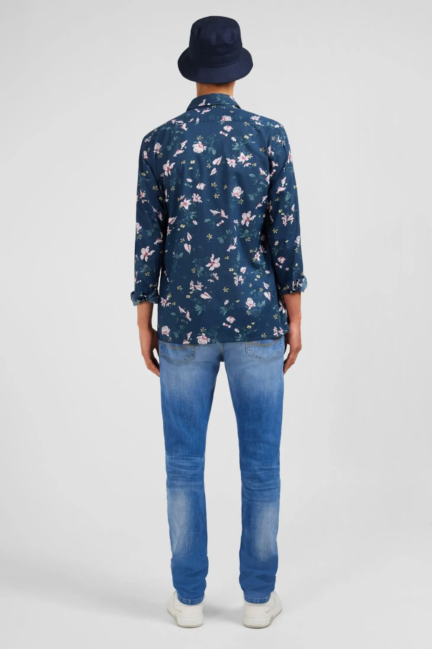 Chemise En Coton Bleu Fonce Imprimee Fleurs