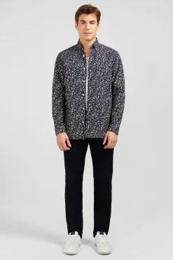 Chemise En Popeline Bleu Fonce Imprimee Feuillage