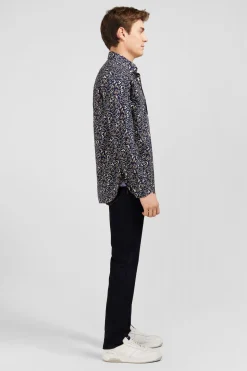 Chemise En Popeline Bleu Fonce Imprimee Feuillage