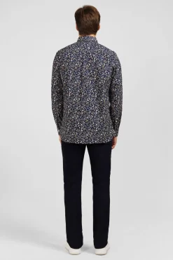 Chemise En Popeline Bleu Fonce Imprimee Feuillage