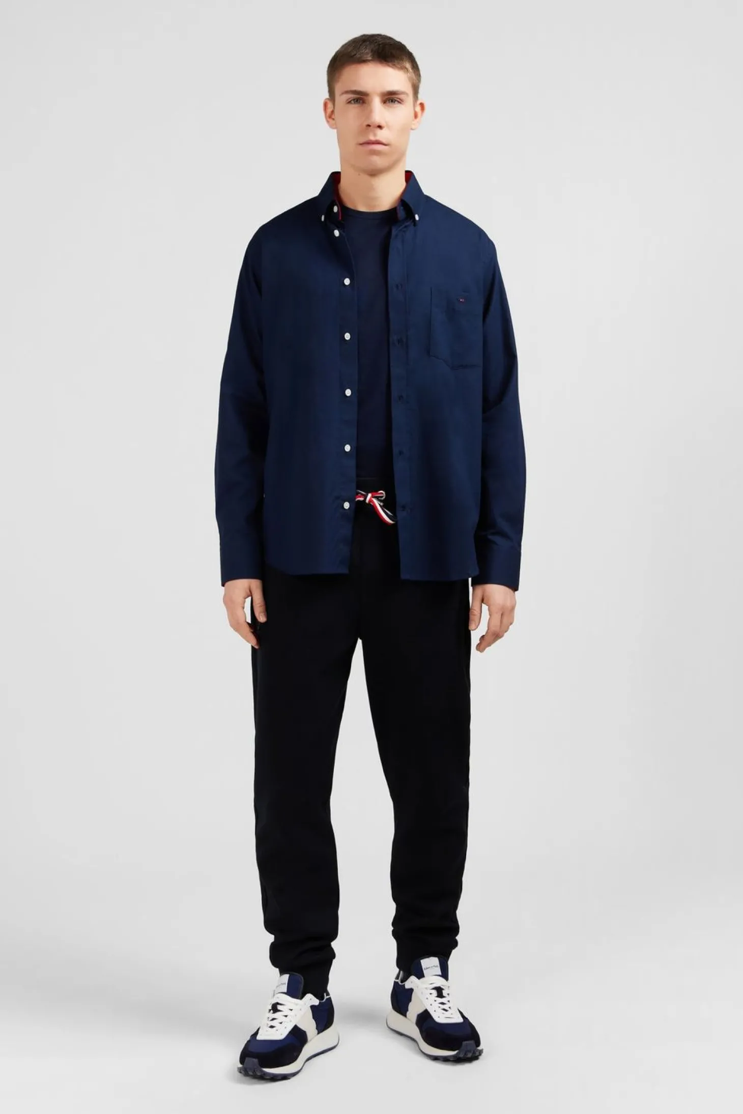 Chemise Marine En Coton A Details Tricolore Coupe Classique
