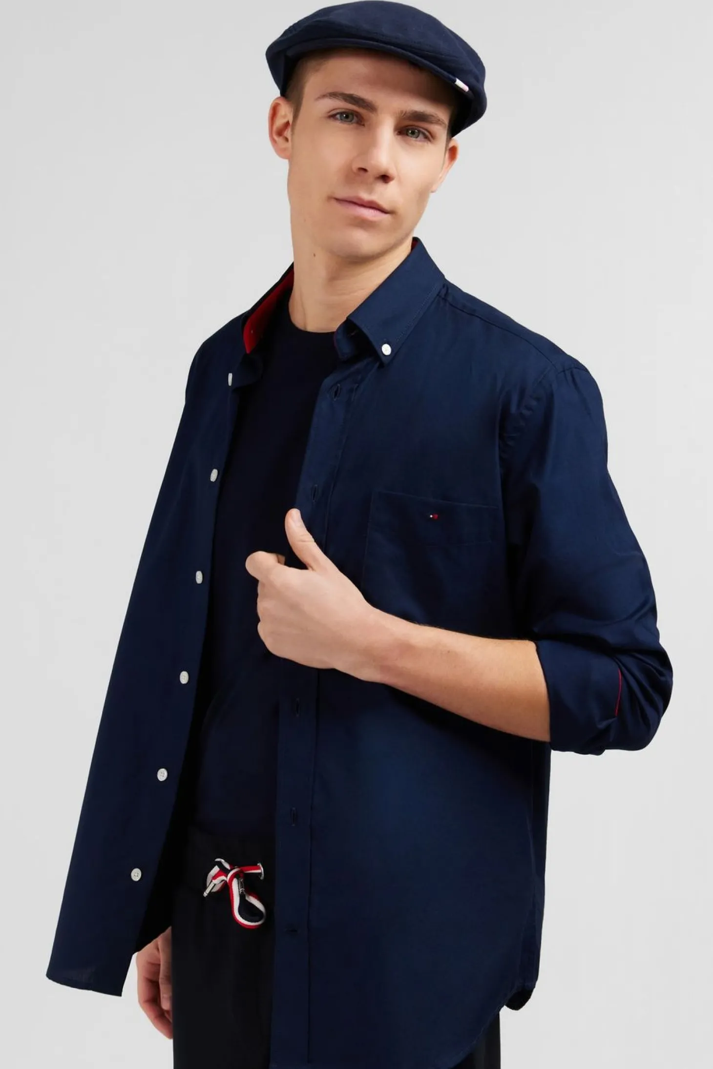 Chemise Marine En Coton A Details Tricolore Coupe Classique