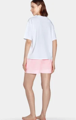 Ensemble Pyjama Court Rose Et Blanc En Jersey Coton