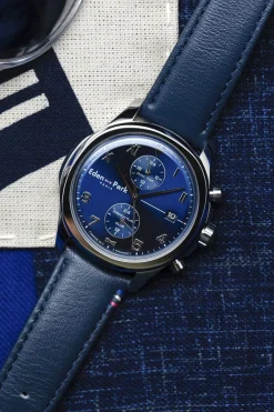Montre A Quartz Dual Time En Cuir Bleu Fonce