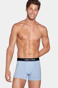 Pack De 2 Boxers Blanc Rayures Bleu Ciel Et Uni Bleu Fonce