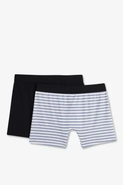Pack De 2 Boxers Blanc Rayures Bleu Ciel Et Uni Bleu Fonce