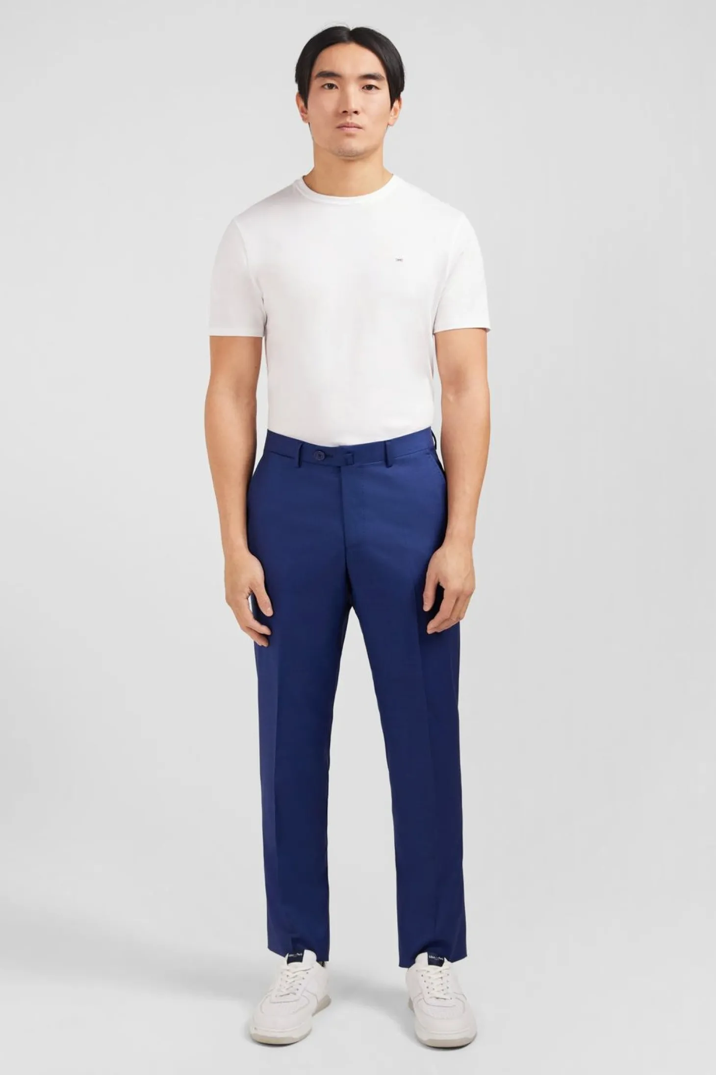Pantalon Regular Bleu En Laine A Plis Casses
