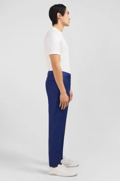 Pantalon Regular Bleu En Laine A Plis Casses