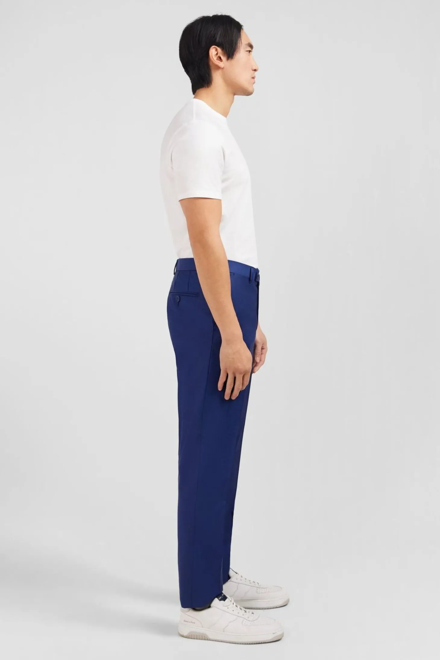 Pantalon Regular Bleu En Laine A Plis Casses