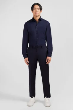 Pantalon Regular Bleu Fonce En Laine A Plis Casses