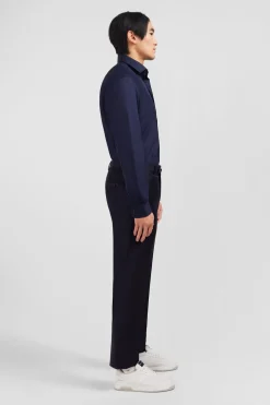 Pantalon Regular Bleu Fonce En Laine A Plis Casses