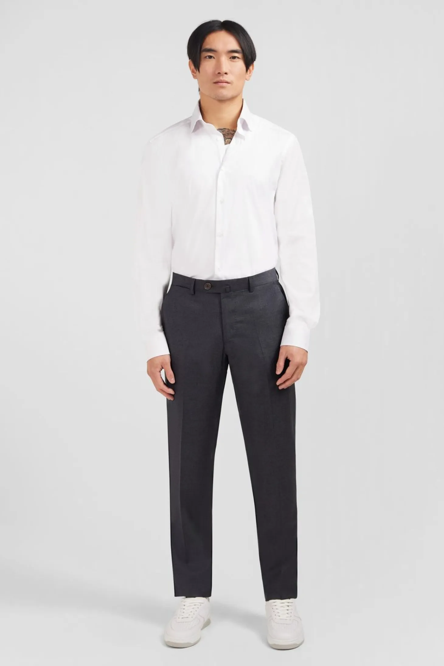 Pantalon Regular Gris En Laine A Plis Casses