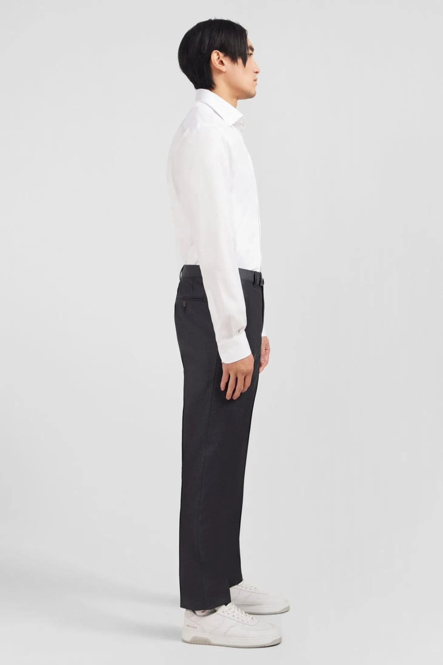 Pantalon Regular Gris En Laine A Plis Casses