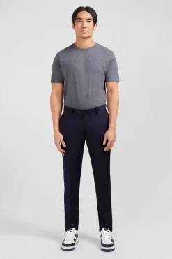 Pantalon Slim Bleu Fonce En Laine A Plis Casses