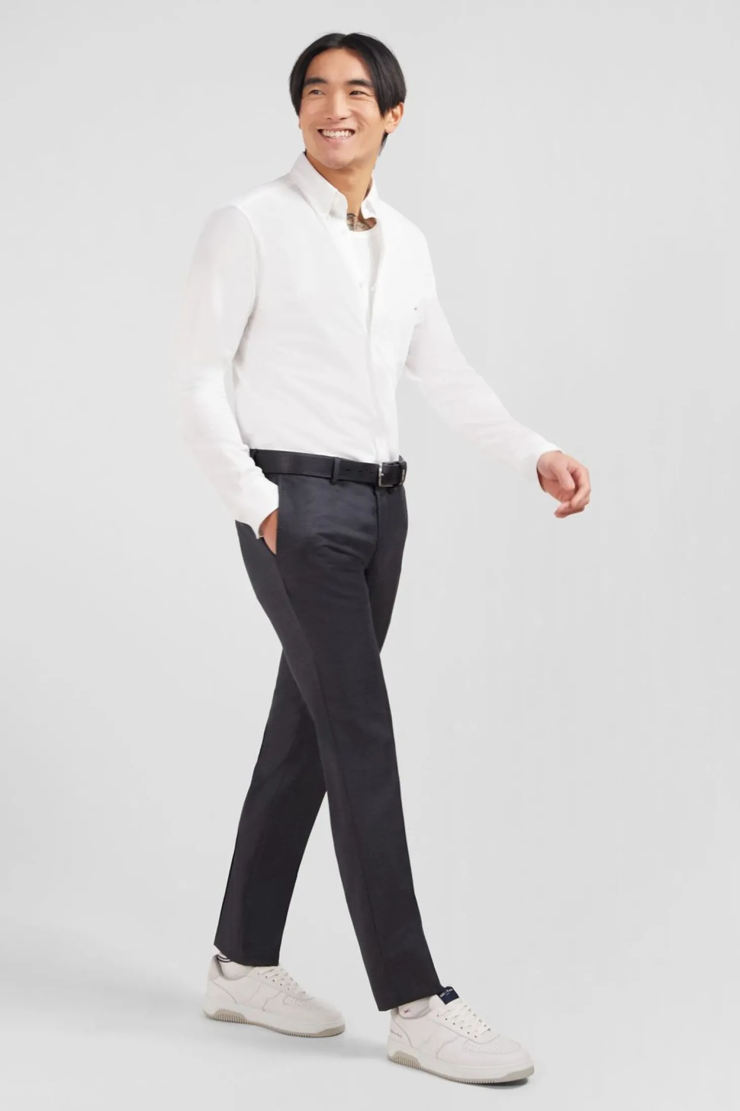 Pantalon Slim Gris En Laine A Plis Casses