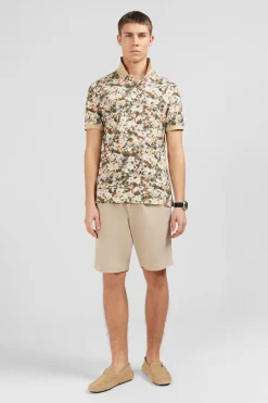Polo Blanc Imprime Fleurs A Manches Courtes