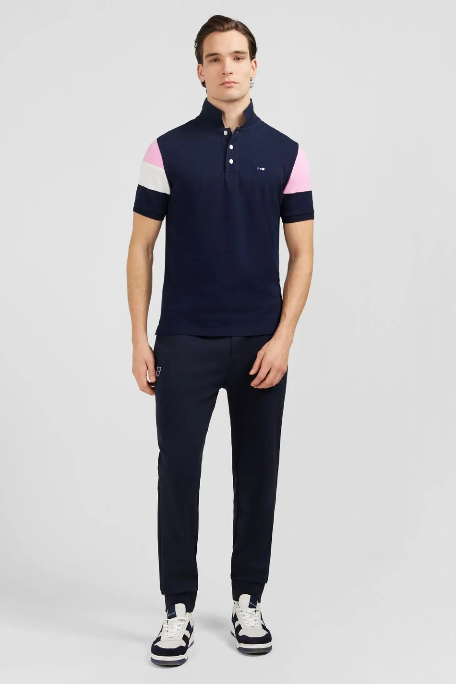 Polo Manches Courtes Marine Tricolore En Pique Coton Details Noeuds