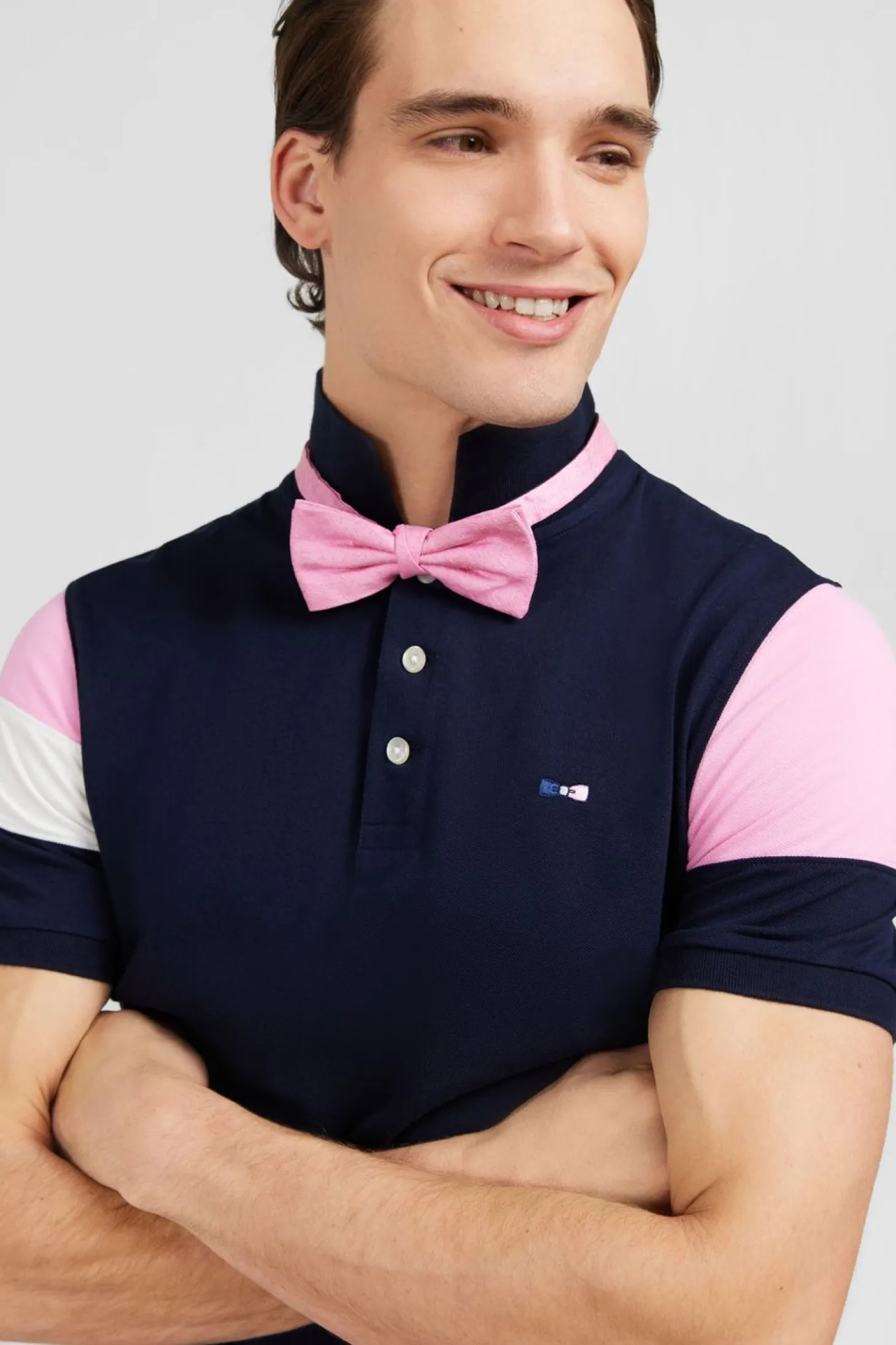 Polo Manches Courtes Marine Tricolore En Pique Coton Details Noeuds