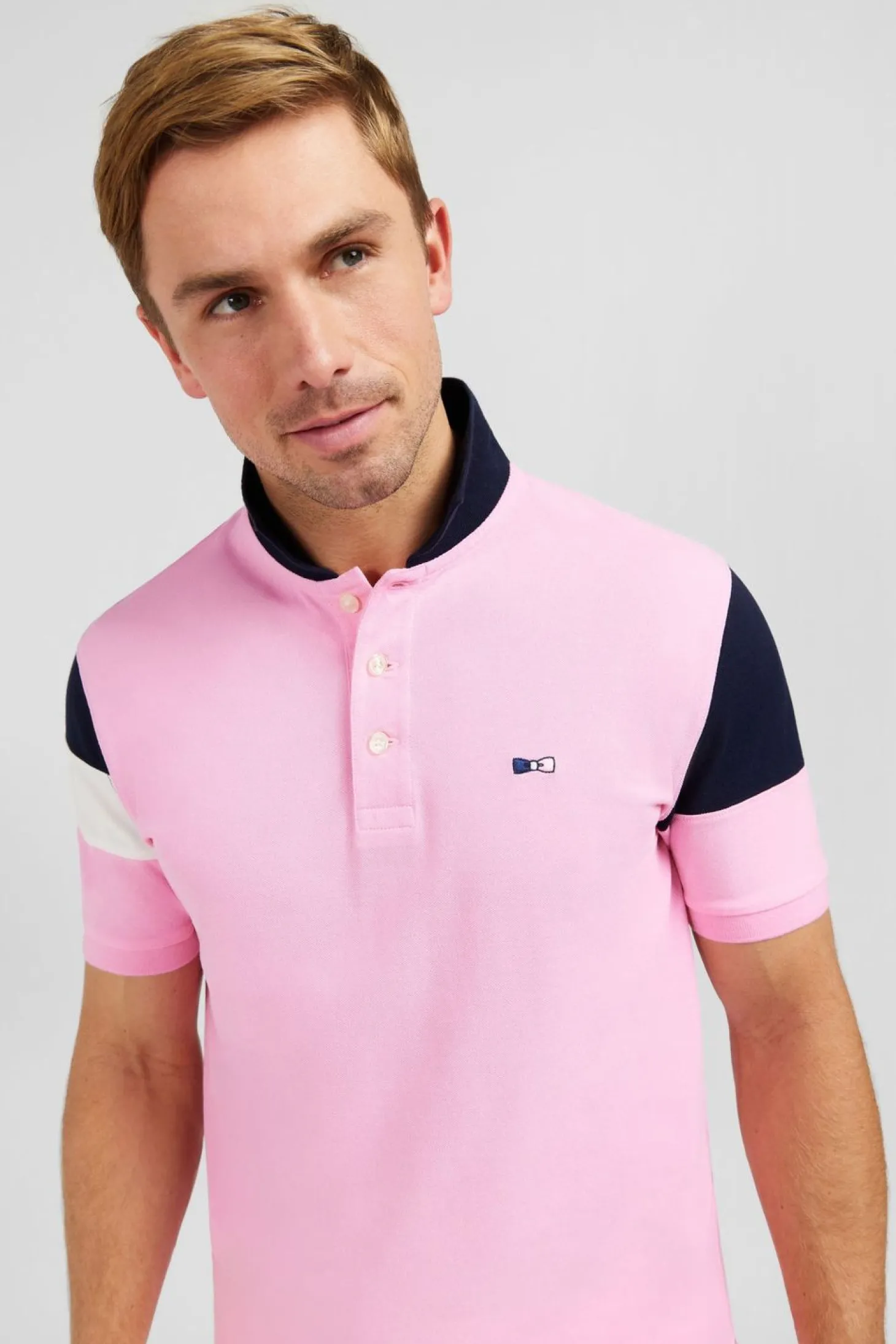 Polo Manches Courtes Rose Tricolore En Pique Coton Details Noeuds