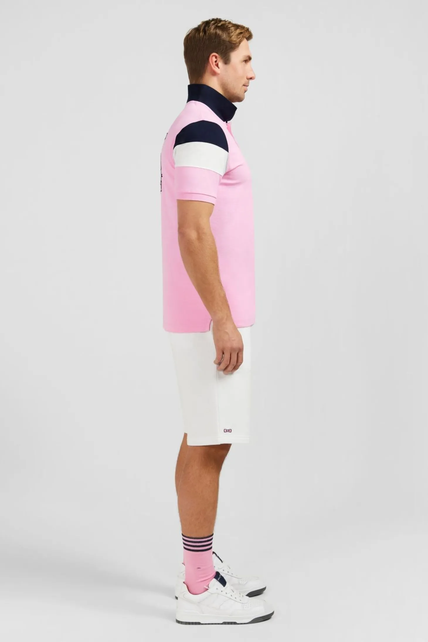 Polo Manches Courtes Rose Tricolore En Pique Coton Details Noeuds