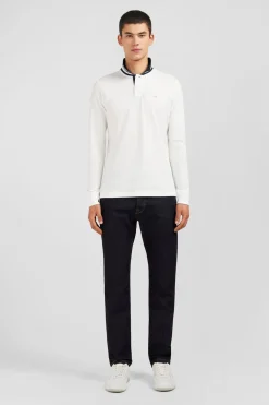 Polo Manches Longues Blanc En Coton Avec Col Contraste
