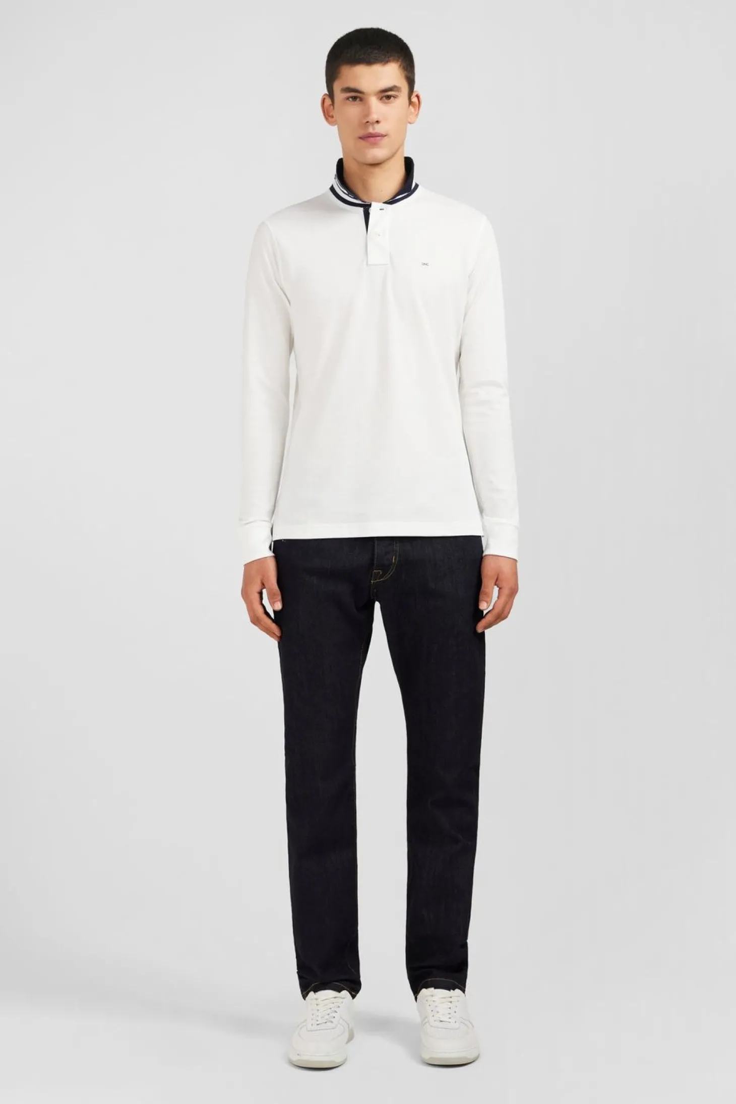 Polo Manches Longues Blanc En Coton Avec Col Contraste