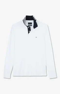 Polo Manches Longues Blanc En Coton Avec Col Contraste