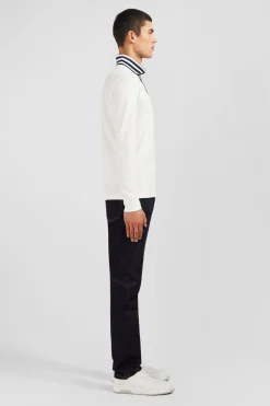Polo Manches Longues Blanc En Coton Avec Col Contraste