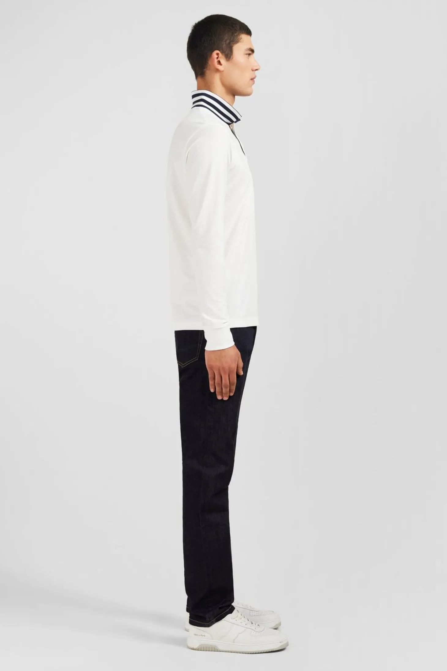 Polo Manches Longues Blanc En Coton Avec Col Contraste