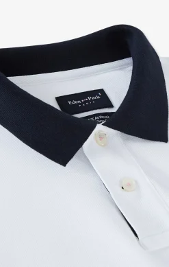 Polo Manches Longues Blanc En Coton Avec Col Contraste