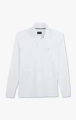Polo Manches Longues Blanc Uni En Pique De Coton Stretch