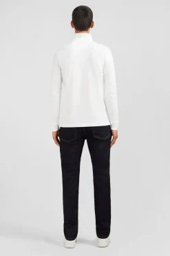 Polo Manches Longues Blanc Uni En Pique De Coton Stretch