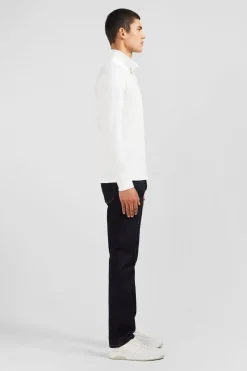 Polo Manches Longues Blanc Uni En Pique De Coton Stretch
