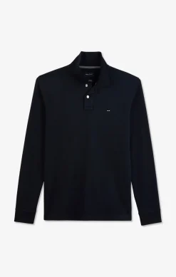 Polo Manches Longues Bleu Marine Uni En Pique De Coton Stretch