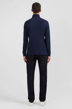 Polo Manches Longues Bleu Marine Uni En Pique De Coton Stretch