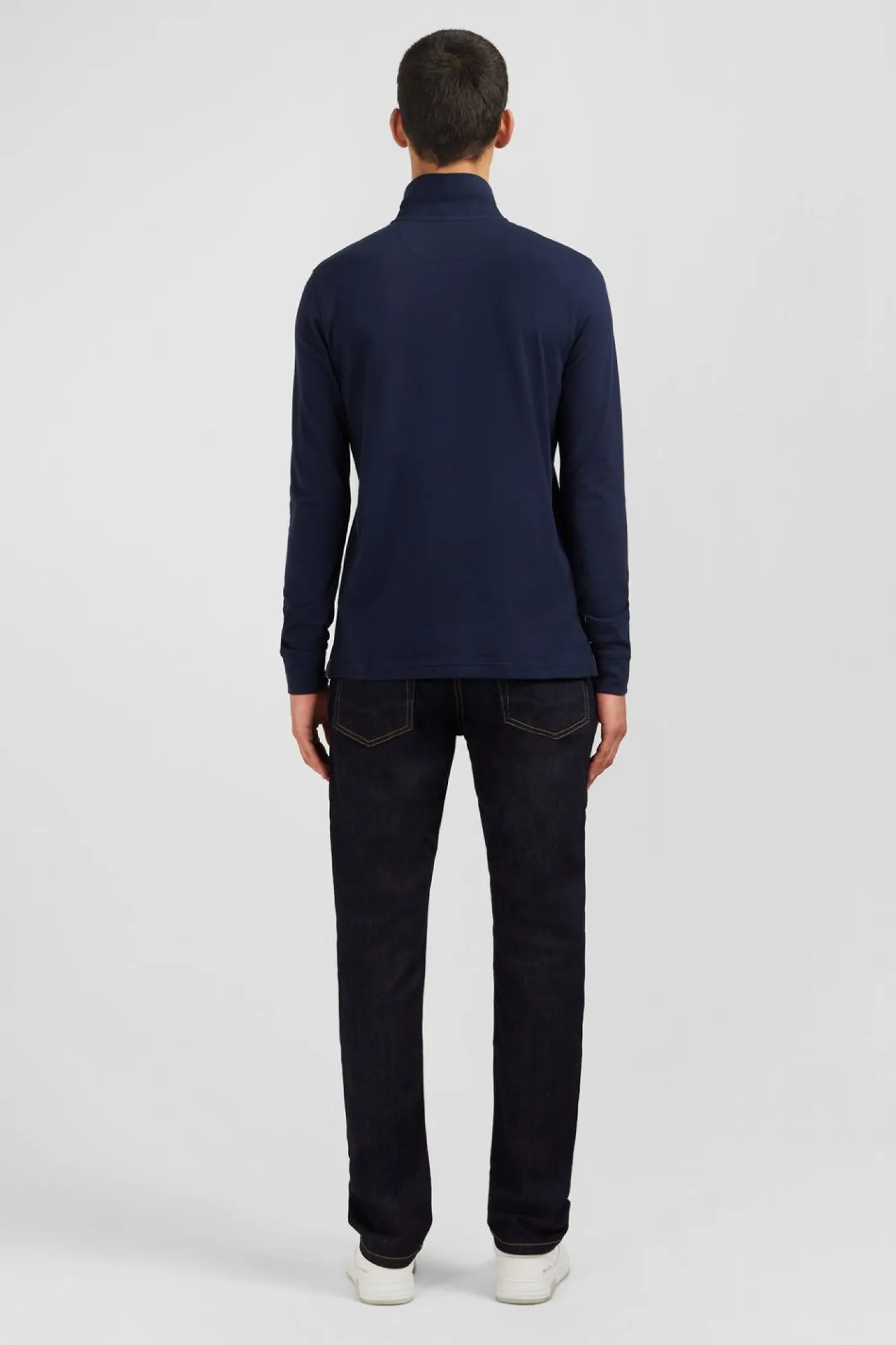 Polo Manches Longues Bleu Marine Uni En Pique De Coton Stretch